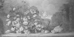 Still Life Of Mixed Flowers And A Parrot On A Stone Ledge,  A Landscape Beyond