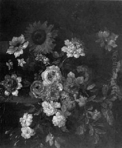 Still Life Of Roses, Carnations And Sunflowers On A Ledge by Pieter Casteels III