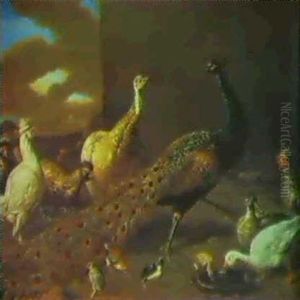 Ein Pfauenpaar, Peruckenhuhner Und Kuken In Einer Landschaft