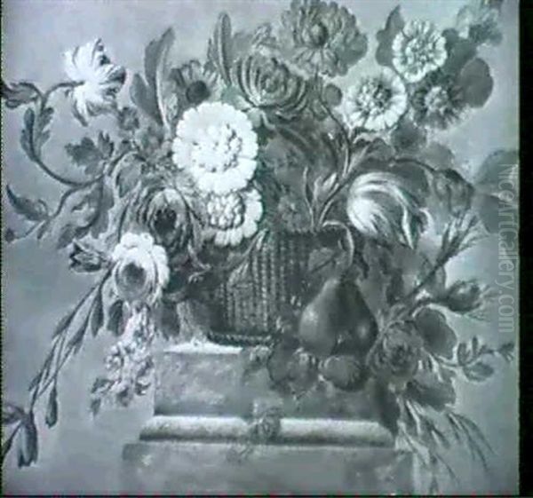 A Still Life Of Flowers In A Basket Set On A Plinth - view 1