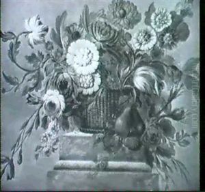 A Still Life Of Flowers In A Basket Set On A Plinth