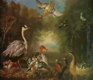 Waterfowl In A River Landscape And A Fox And Poultry In A Landscape (59 X 89cm.) (2) by Pieter Casteels III
