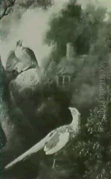 A Chinese Pheasant And A Hawk In A Wooded Landscape, A Cottage Beyond - view 1