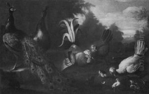 Peacocks With A Rabbit, Hens And Their Chicks In An         Ornamental Landscape