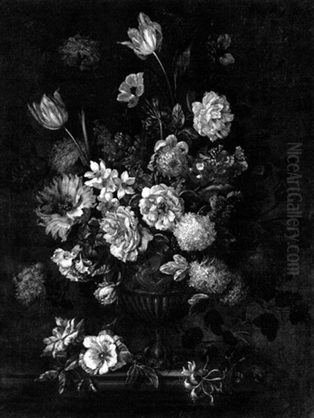 Still Life Of Roses, Variegated Tulips, Anemone, Poppy, Daffodils And Other Flowers In An Elaborate Metal - view 1