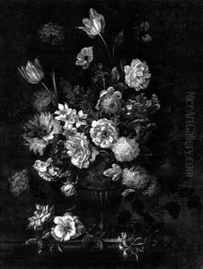 Still Life Of Roses, Variegated Tulips, Anemone, Poppy, Daffodils And Other Flowers In An Elaborate Metal by Pieter Casteels III