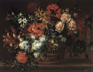 Ein Grosser Dekorativer Blumenstrauss In Einem Korb Auf Einem Tisch by Pieter Casteels III