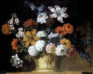 Tulips, Snowballs And Other Flowers In A Sculpted Urn