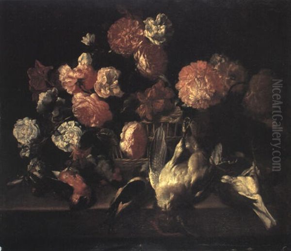 A Still Life Of Flowers In A Basket On A Ledge, With Sleeping Songbirds - view 1