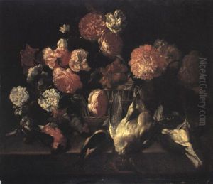 A Still Life Of Flowers In A Basket On A Ledge, With Sleeping Songbirds thumbnail