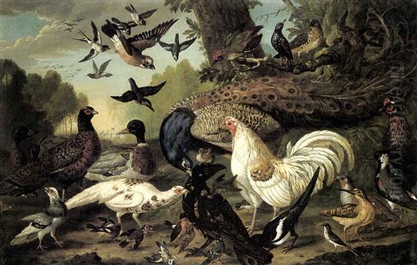 A Peacock, White Pheasant, Magpie And Other Birds In A Wooded Landscape - view 1