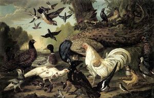 A Peacock, White Pheasant, Magpie And Other Birds In A Wooded Landscape
