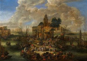 A Busy Harbour Scene by Pieter Casteels the Younger