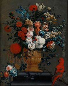 Groses Blumenstillleben Mit Rotem Papagei
