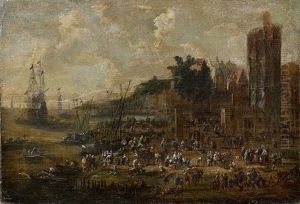 Ville En Bord De Mer Animee De Figures by Pieter Casteels the Younger