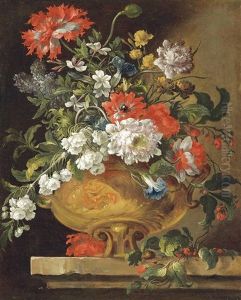 Tulips, Daffodils, Peonies, Lilies, Chrysanthemums And Other Flowers In A Sculpted Urn On A Stone Ledge
