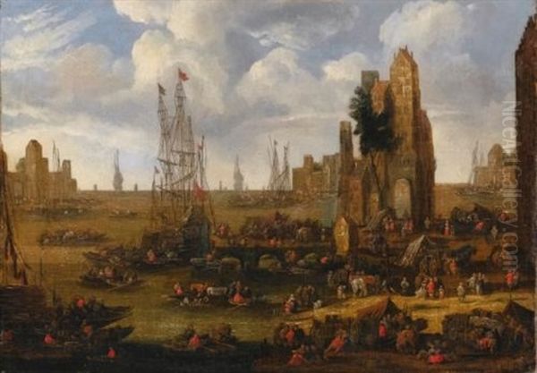A Capriccio View Of A Busy Harbour Scene With Figures Loading Their Boats - view 1