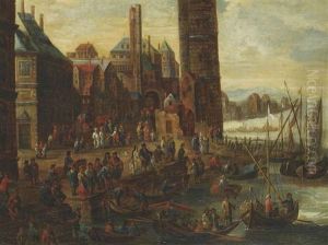 A Coastal Village Landscape With Elegant Company On The Shore by Pieter Casteels the Younger