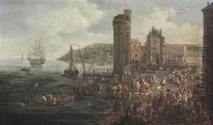 A View Of A Harbour With A Fish Market by Pieter Casteels the Younger