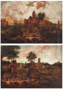 Vue D'une Ville Fortifiee (+ Vue D'un Port; Pair) by Pieter Casteels the Younger