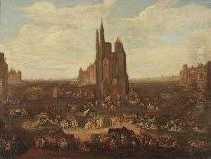 A Capriccio View Of A Coastal Estuary With A Market On The Shore by Pieter Casteels the Younger