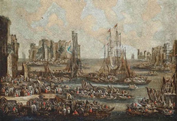 A Mediterranean Harbor Scene With Ships Unloading Their Cargo - view 1