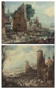 A Capriccio Harbor Scene With Market Tents And Street Theatre, Boats Docking In The Foreground (+ A Capriccio Harbor Scene With A Marketplace; Pair) by Pieter Casteels the Younger