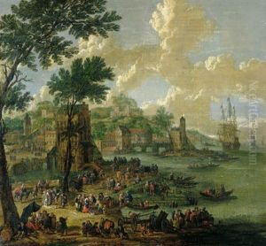 Hafenszene Mit Zahlreichen Booten Und Reicher Staffage Hafenszene Mit Zahlreichen Booten Und Reicher Staffage