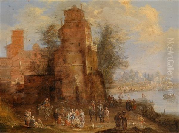 Flusslandschaft Mit Reicher Figurenstaffage Vor Einer Befestigungsanlage - view 1