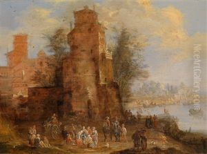 Flusslandschaft Mit Reicher Figurenstaffage Vor Einer Befestigungsanlage