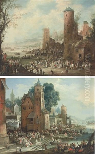 A Harbor Scene With A Marketplace (+ A Harbor Scene With Market Tents And Street Theatre, Boats Docking In The Foreground; Pair) - view 1