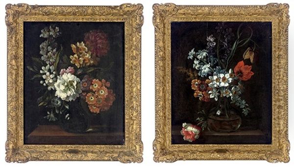 Wild Cherry Blossom, Daffodils, A Peony And Other Flowers In A Vase On A Wooden Ledge (+ Narcissi, Hyacinths, Tulips And Other Flowers In A Vase On A Wooden Ledge; Pair) - view 1