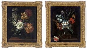 Wild Cherry Blossom, Daffodils, A Peony And Other Flowers In A Vase On A Wooden Ledge (+ Narcissi, Hyacinths, Tulips And Other Flowers In A Vase On A Wooden Ledge; Pair) by Pieter Casteels the Younger