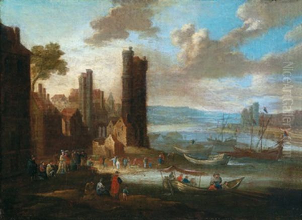 Stadt An Einem Fluss Mit Vielen Booten Und Figuren - view 1
