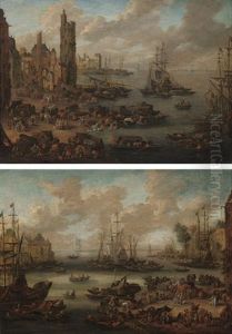 A Capriccio Of A Mediterranean Port With Figures In The Foreground (+ A Capriccio Of A Mediterranean Port With Merchants Unloading Their Goods; Pair) by Pieter Casteels the Younger