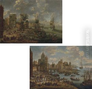 A Capriccio Of A Busy Port With The Ruins Of A Triumphal Arch (+ A Capriccio Of A Busy Port With A Bridge; Pair) by Pieter Casteels the Younger