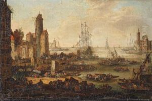 A View Of A Coastal Town, Shipping In The Distance by Pieter Casteels the Younger