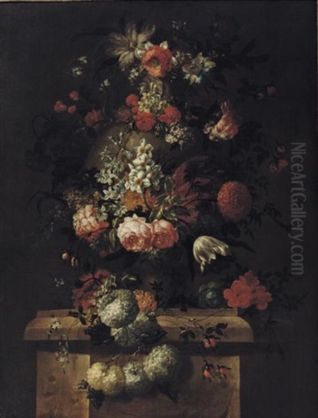 Roses, Tulips, Daffodils, Peonies, Lilies And Other Flowers In A Sculpted Vase On A Stone Pedestal - view 1