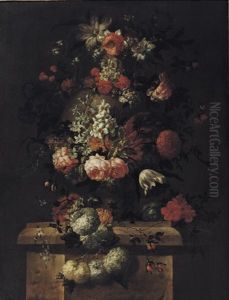 Roses, Tulips, Daffodils, Peonies, Lilies And Other Flowers In A Sculpted Vase On A Stone Pedestal by Pieter Casteels the Younger
