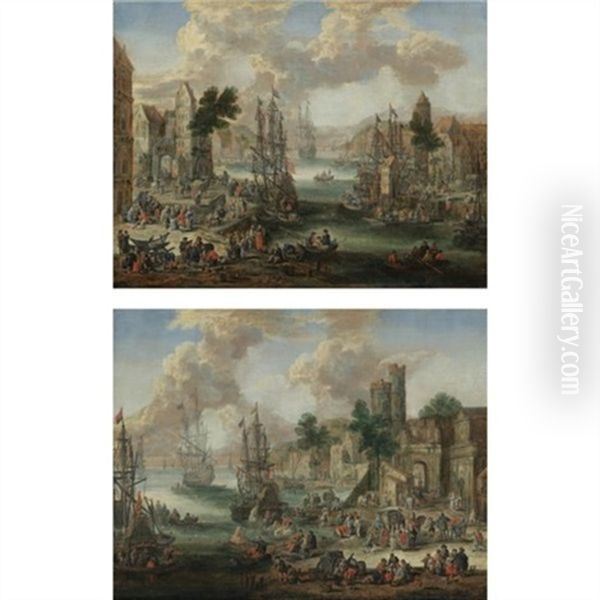 Harbour Scenes With Numerous Figures (pair) - view 1