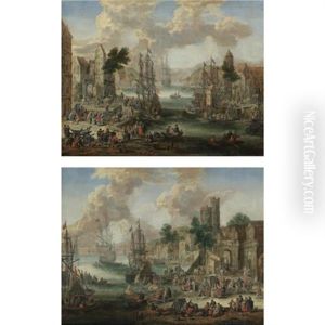 Harbour Scenes With Numerous Figures (pair) by Pieter Casteels the Younger