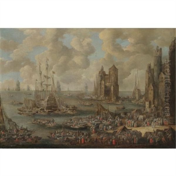 A Busy Harbour With Numerous Merchants And Fishermen - view 1