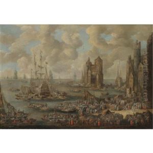 A Busy Harbour With Numerous Merchants And Fishermen thumbnail