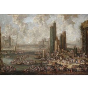A Capriccio Harbour Scene With Numerous Figures And Merchants On The Quay by Pieter Casteels the Younger