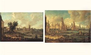 Vue De Ville Fluviale Imaginaire Animee D'embarcations (+ Another, Larger, Oil On Canvas Laid On Panel; 2 Works)