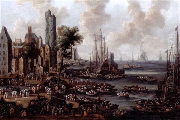 A Harbour Scene With Figures Unloading Their Wares From Boats - view 1