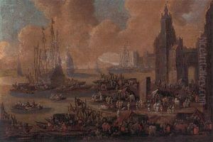 A Capriccio Of A Northern Harbour, With Townsfolk, Merchants, Stevedores And Sailors On The Quays And In Boats by Pieter Casteels the Younger