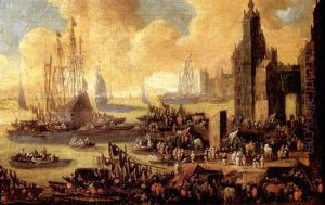A Capriccio Of A Harbour Scene With Numerous Figures On The Quayside, A Merchant And Other Vessels In Calm Waters