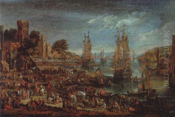 Sudliche Hafenstadt Mit Dreimastern Und Anderen Schiffen Sowie Vielen Figuren - view 1