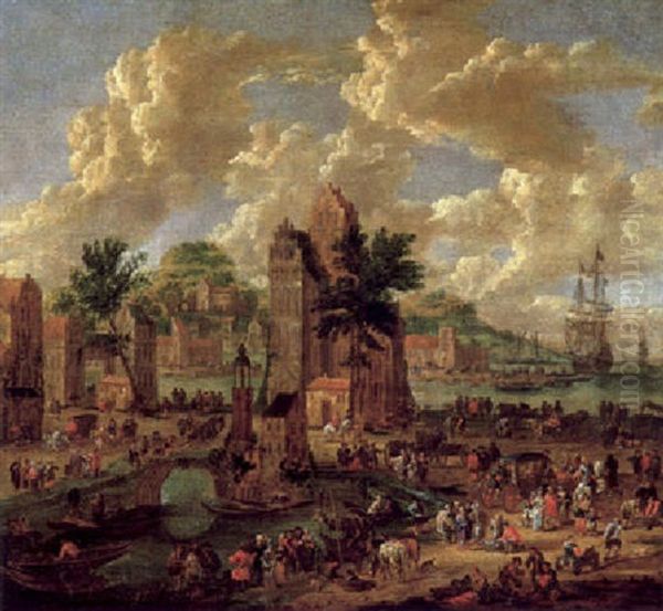 Blick Auf Eine Hafenstadt Mit Vielen Figuren Und Schiffen - view 1